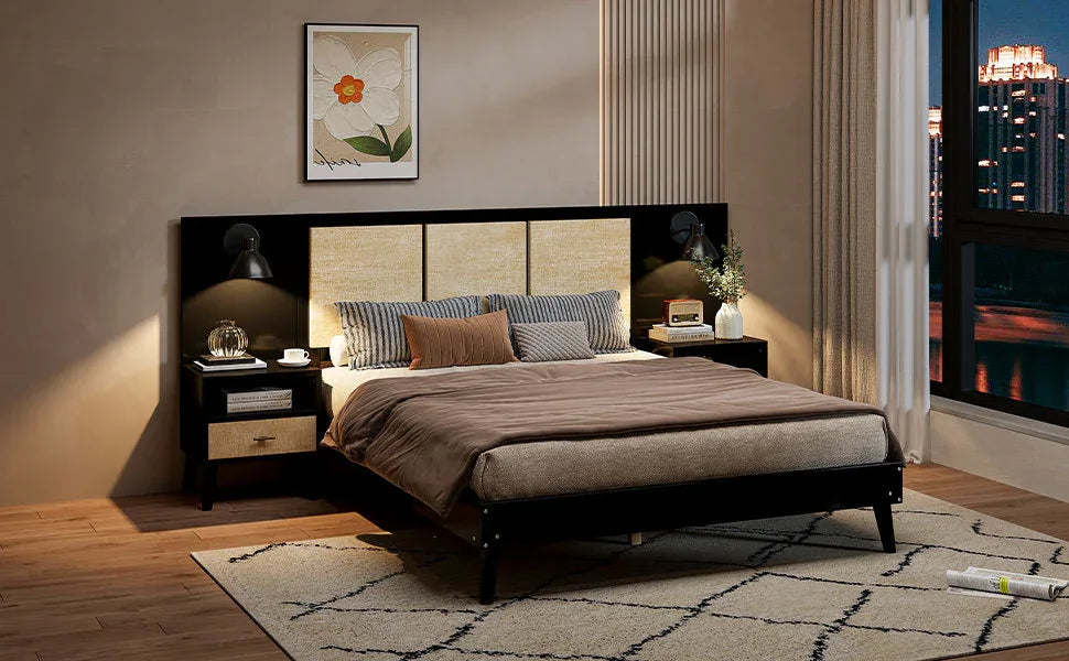 Queen Solid Wood Platform Bed Frame With Nightstands And Lamps - Omega Lifestyles