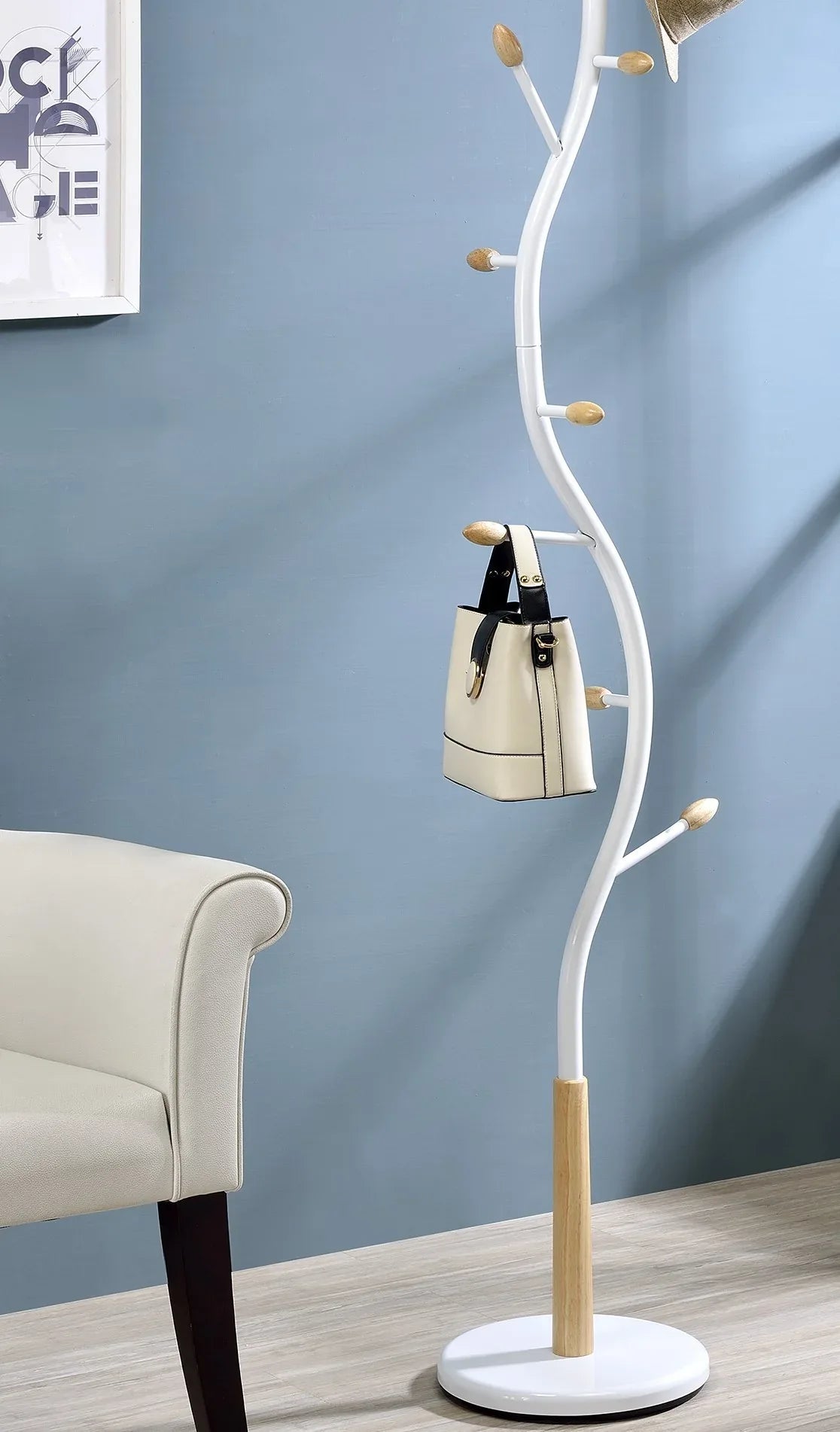 Metal White And Oak Standing Coat Rack With 9 Hooks - Omega Lifestyles