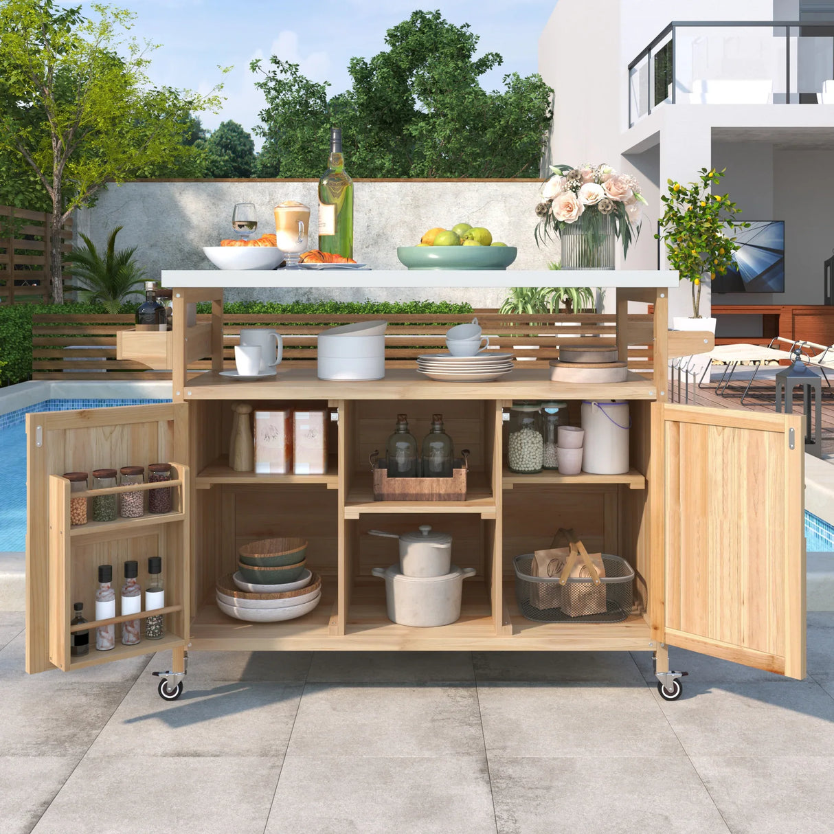 Farmhouse Solid Fir Wood Outdoor Kitchen Island Cart - Omega Lifestyles