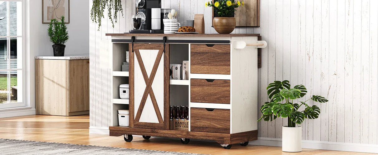Farmhouse Sliding Barn Door Kitchen Island Cart - Omega Lifestyles