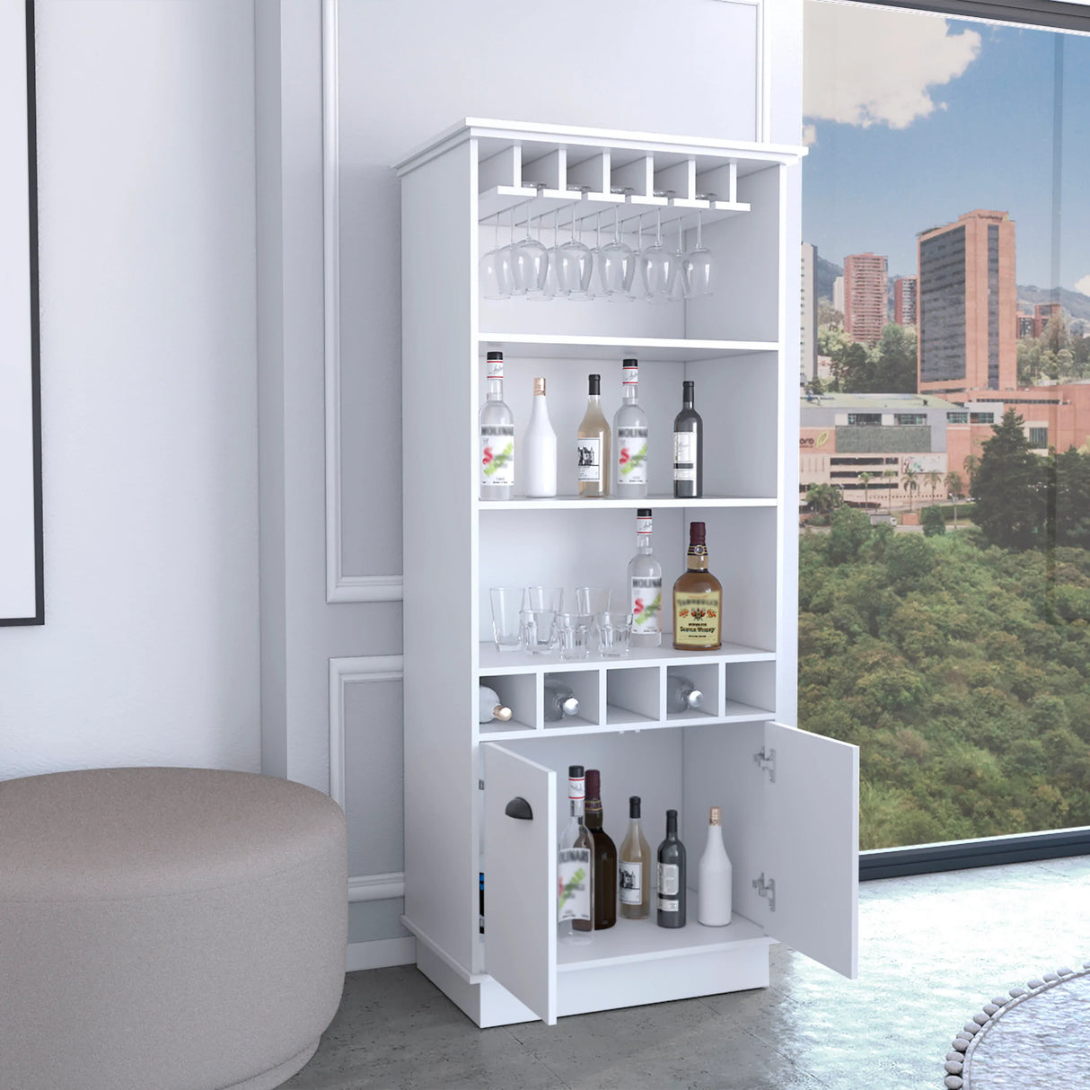 Modern White 70-Inch High Glass Door Bar Cabinet - Omega Lifestyles