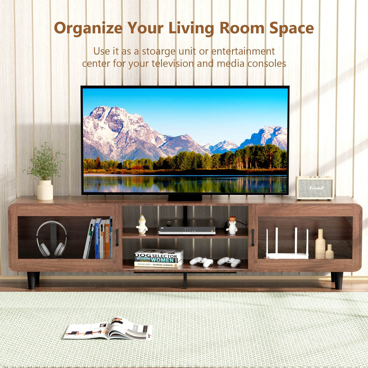 Mid Century Modern Walnut Wood TV Stand With Charging Station - Sleep Galleria
