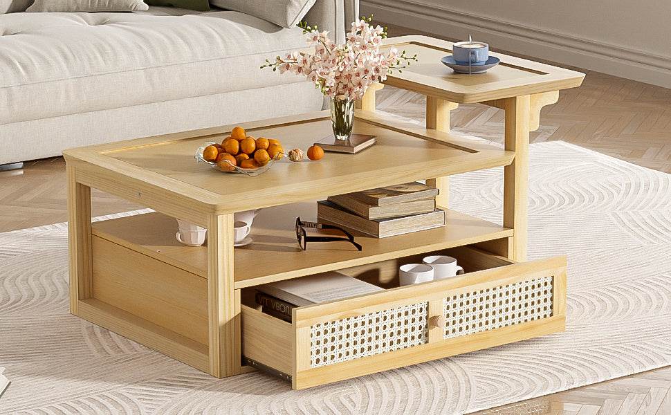 Modern Natural MDF Coffee Table With Rattan Drawer - Sleep Galleria
