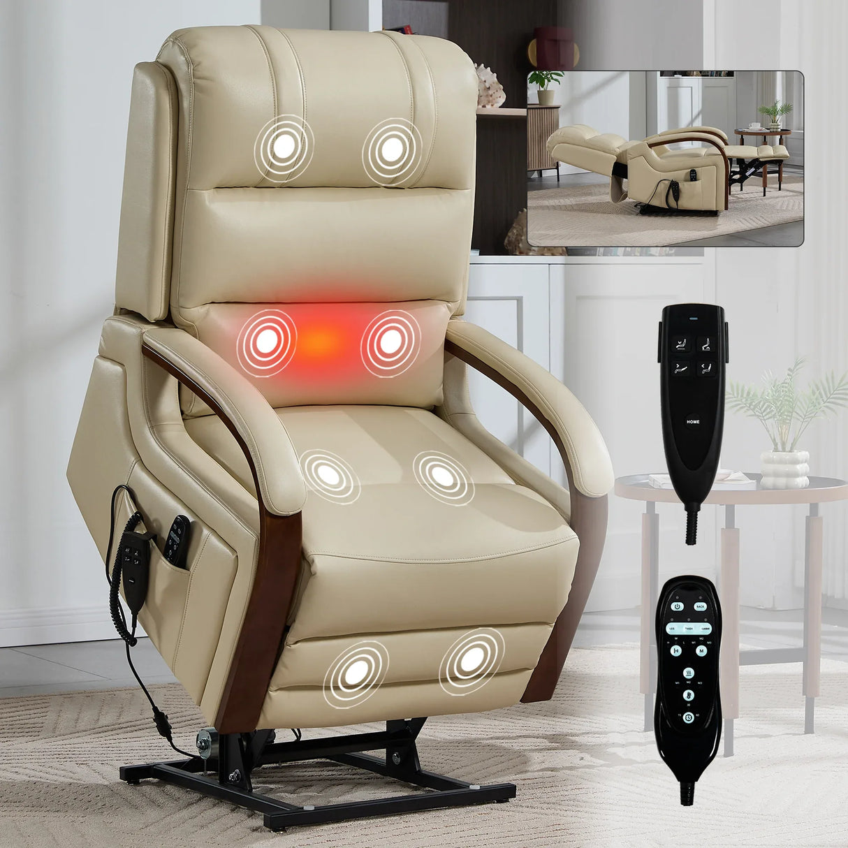 Power Beige Faux Leather Dual Motor Massage Recliner Chair - Omega Lifestyles