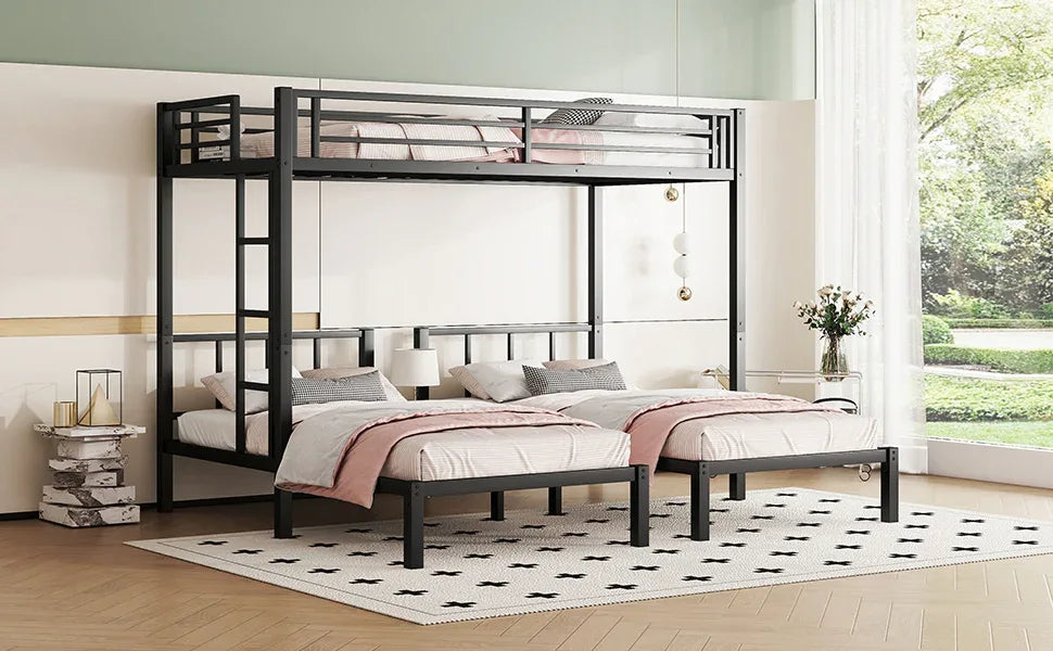 Metal Twin Over Twin Triple Bunk Bed With Guardrails - Omega Lifestyles