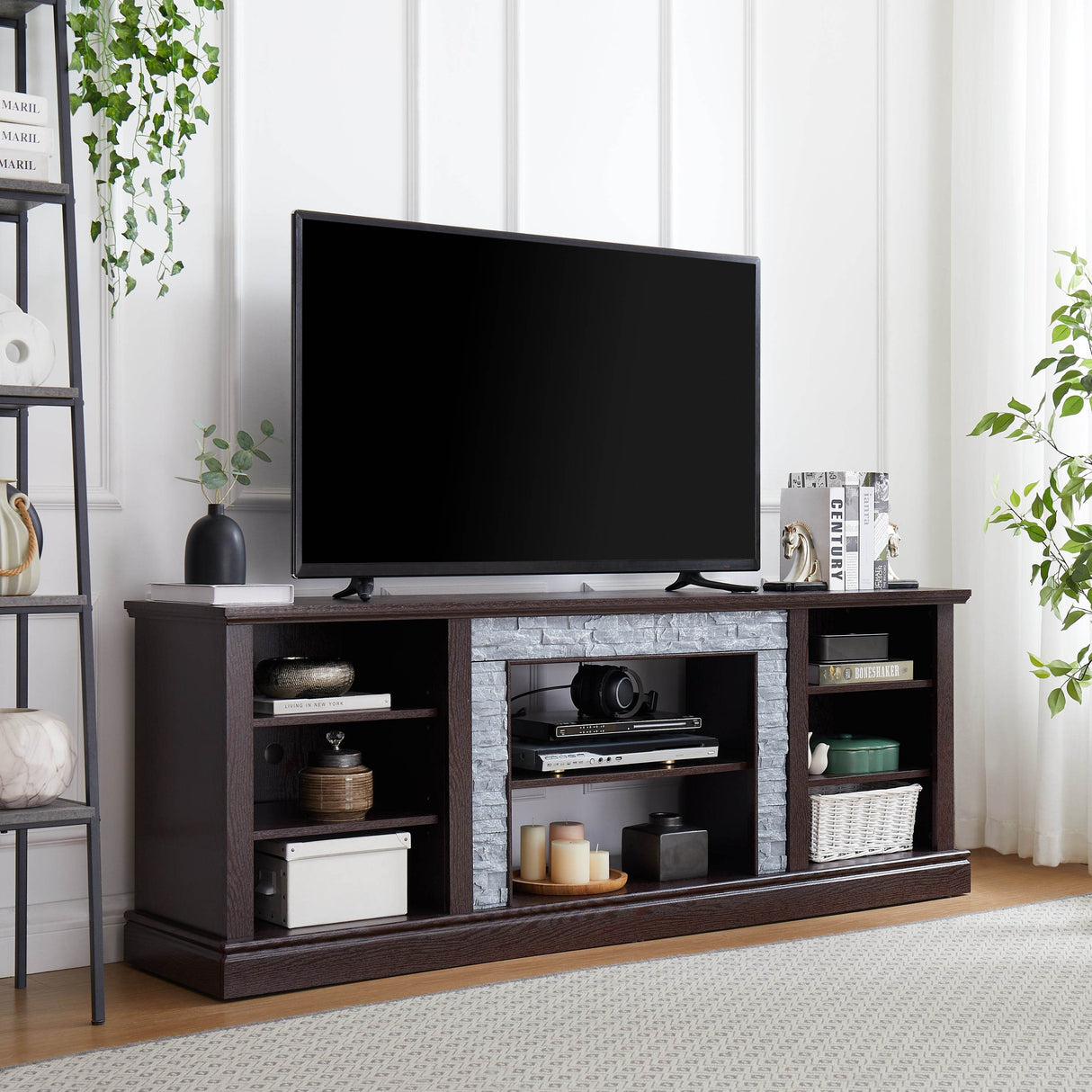 Cherry Faux Stacked Stone TV Stand With Storage Cabinet - Sleep Galleria