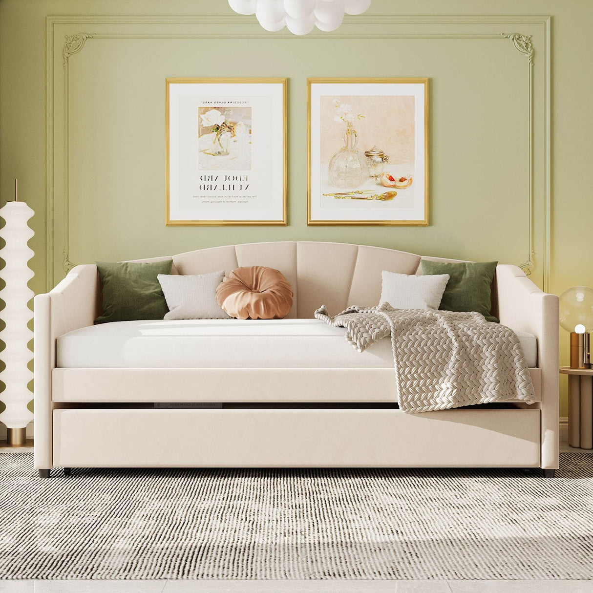 Upholstered Twin Daybed With Trundle And Wood Slats - Omega Lifestyles