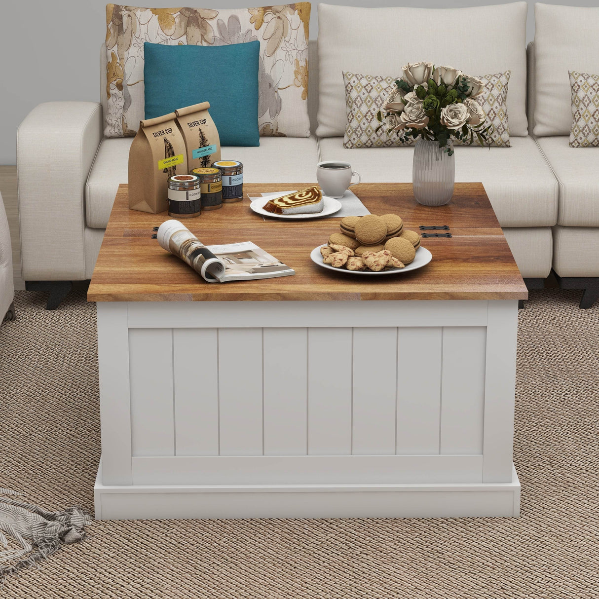 Farmhouse Style Square Coffee Table With Lift Top Storage - Sleep Galleria