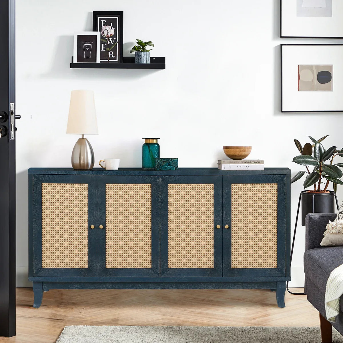 Rattan Wooden Storage Sideboard Cabinet with Shelves - Omega Lifestyles