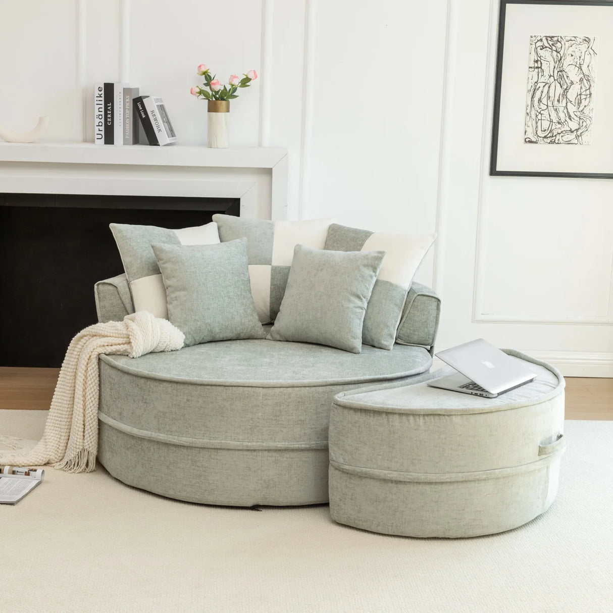 Modern Chenille Upholstered Barrel Accent Chair With Ottoman - Omega Lifestyles