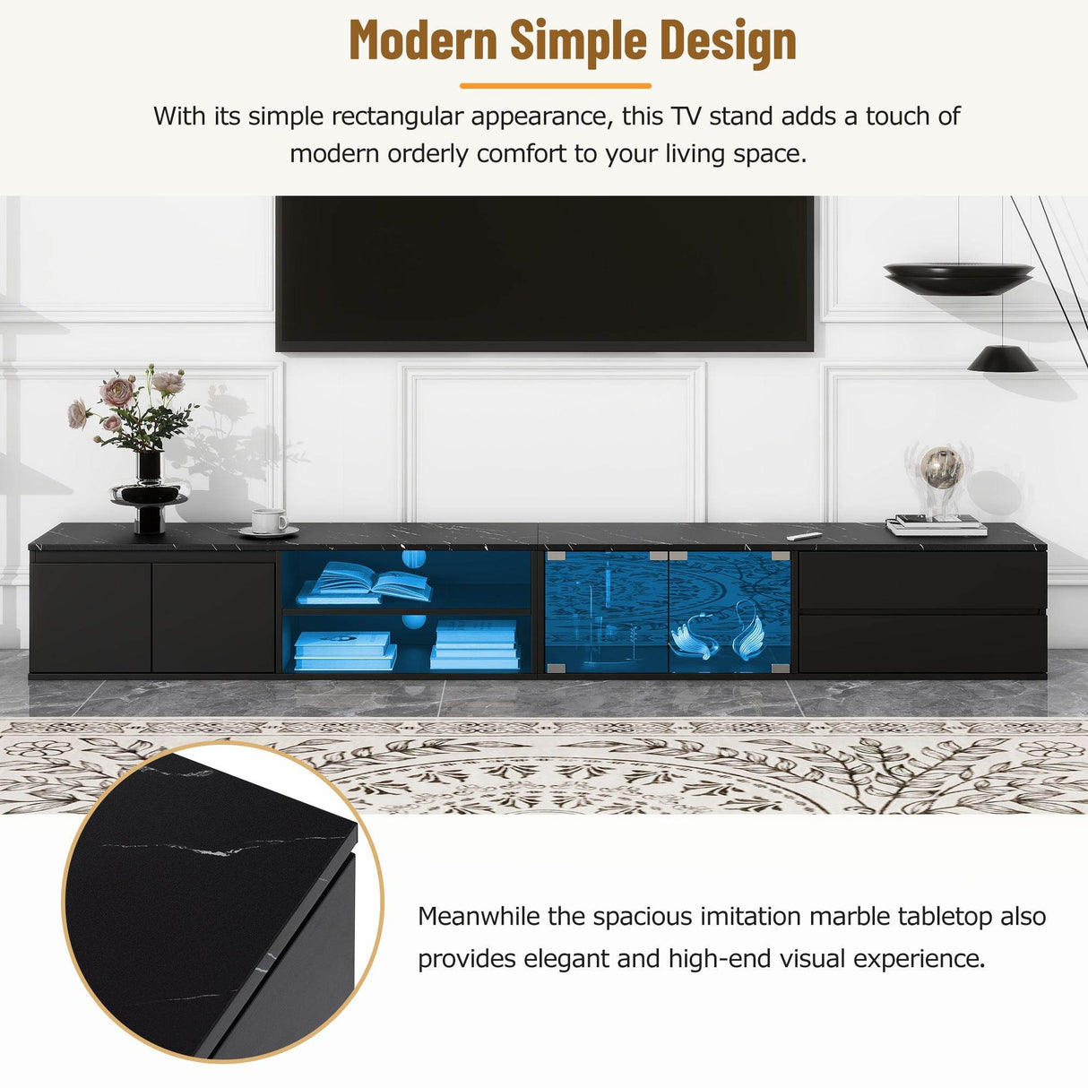 Modern APP Controlled LED Black Marble TV Stand - Sleep Galleria