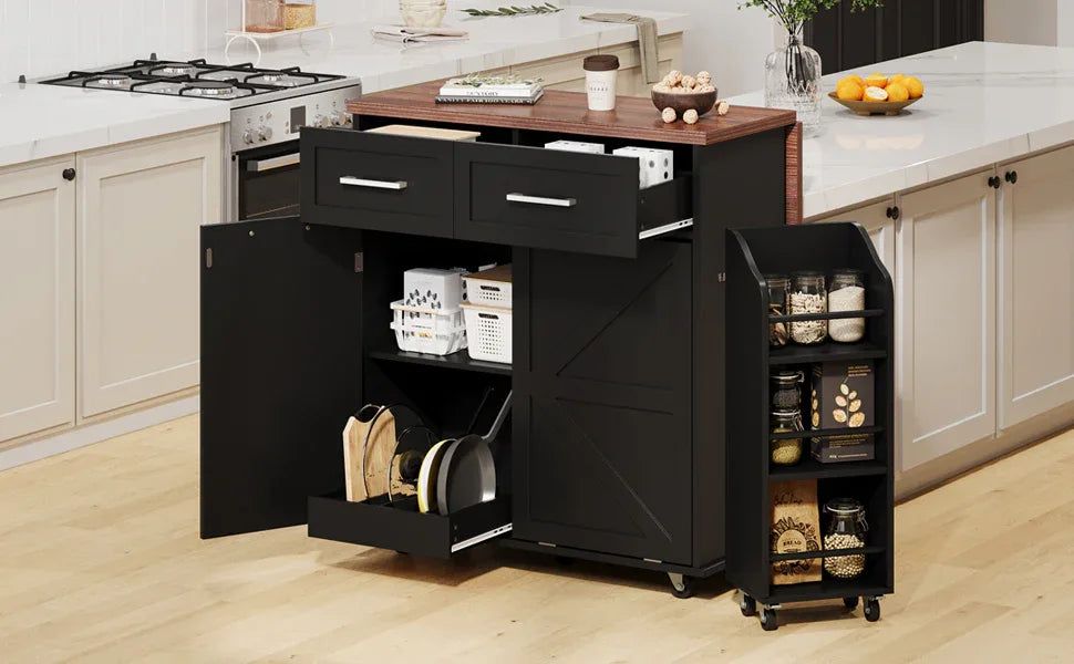 Farmhouse MDF Kitchen Island With Drop Leaf And Storage - Omega Lifestyles