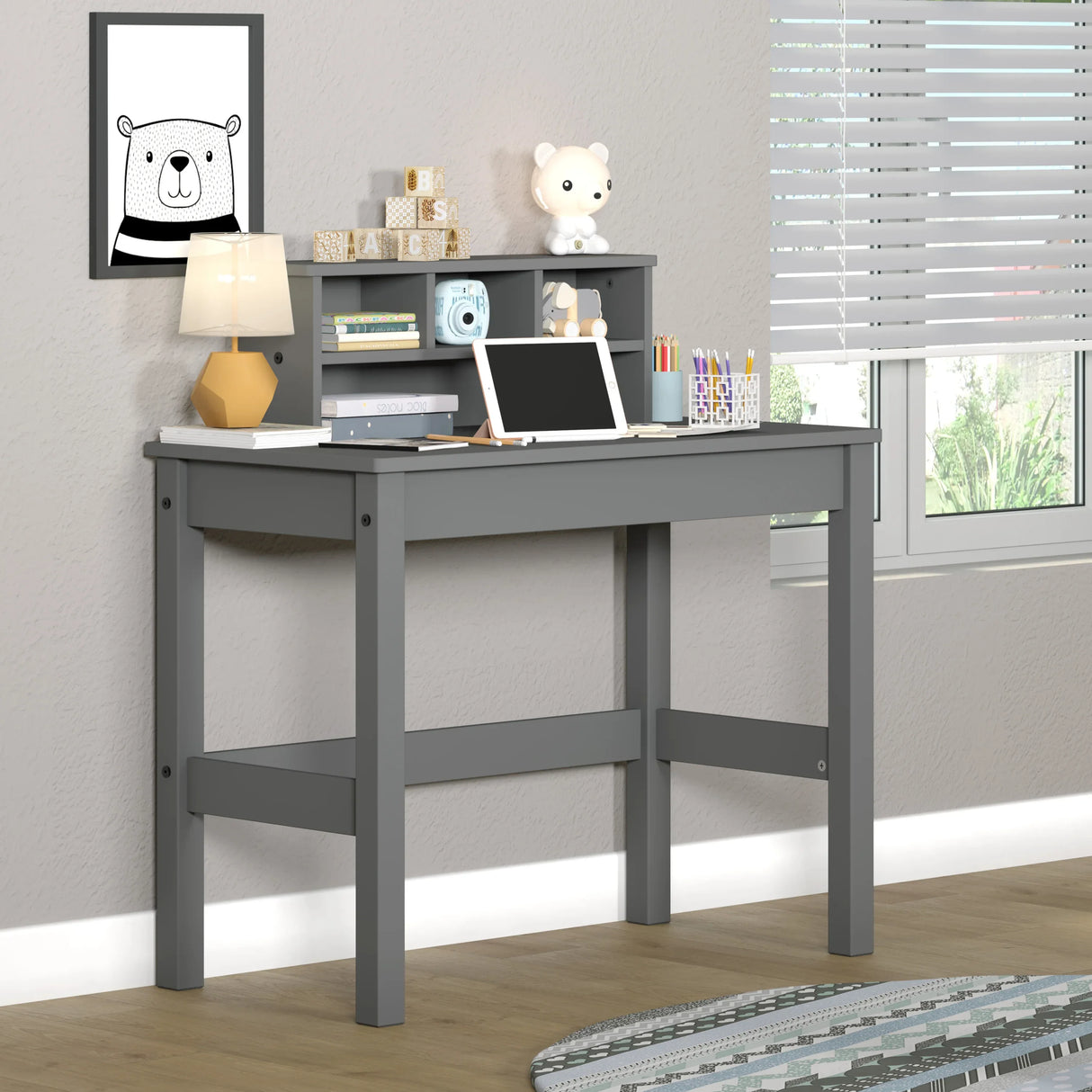 Gray Wood Rectangular Writing Desk With Hutch Storage - Omega Lifestyles