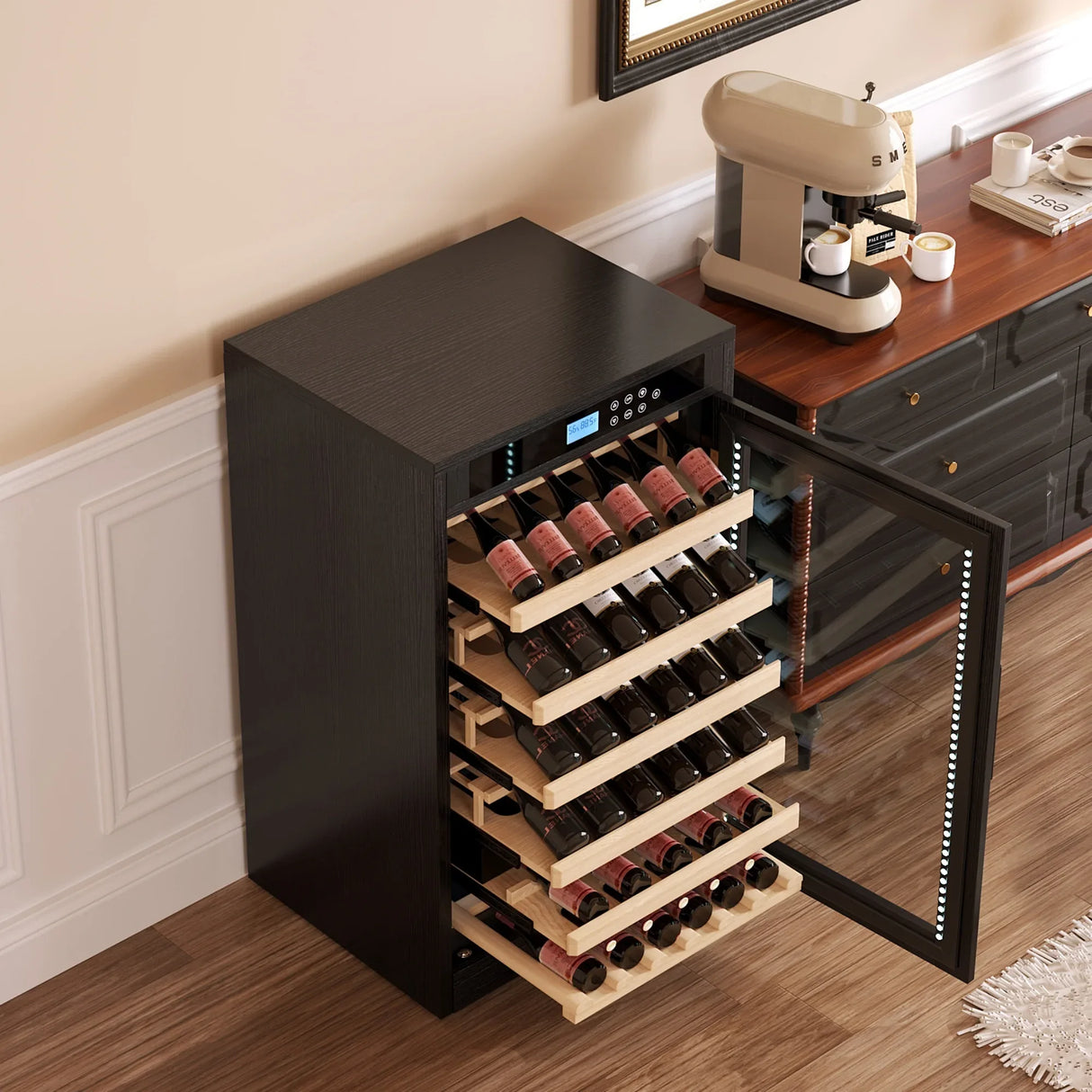Black Wood Tempered Glass Wine Cooler With Touch Display - Omega Lifestyles