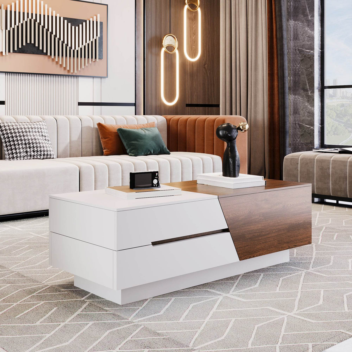 Modern Extendable Sliding Top White Walnut Coffee Table - Sleep Galleria