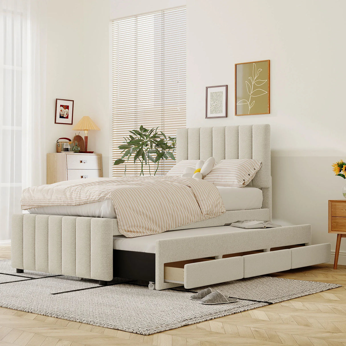 Twin Upholstered Platform Bed With Trundle And Drawers - Omega Lifestyles