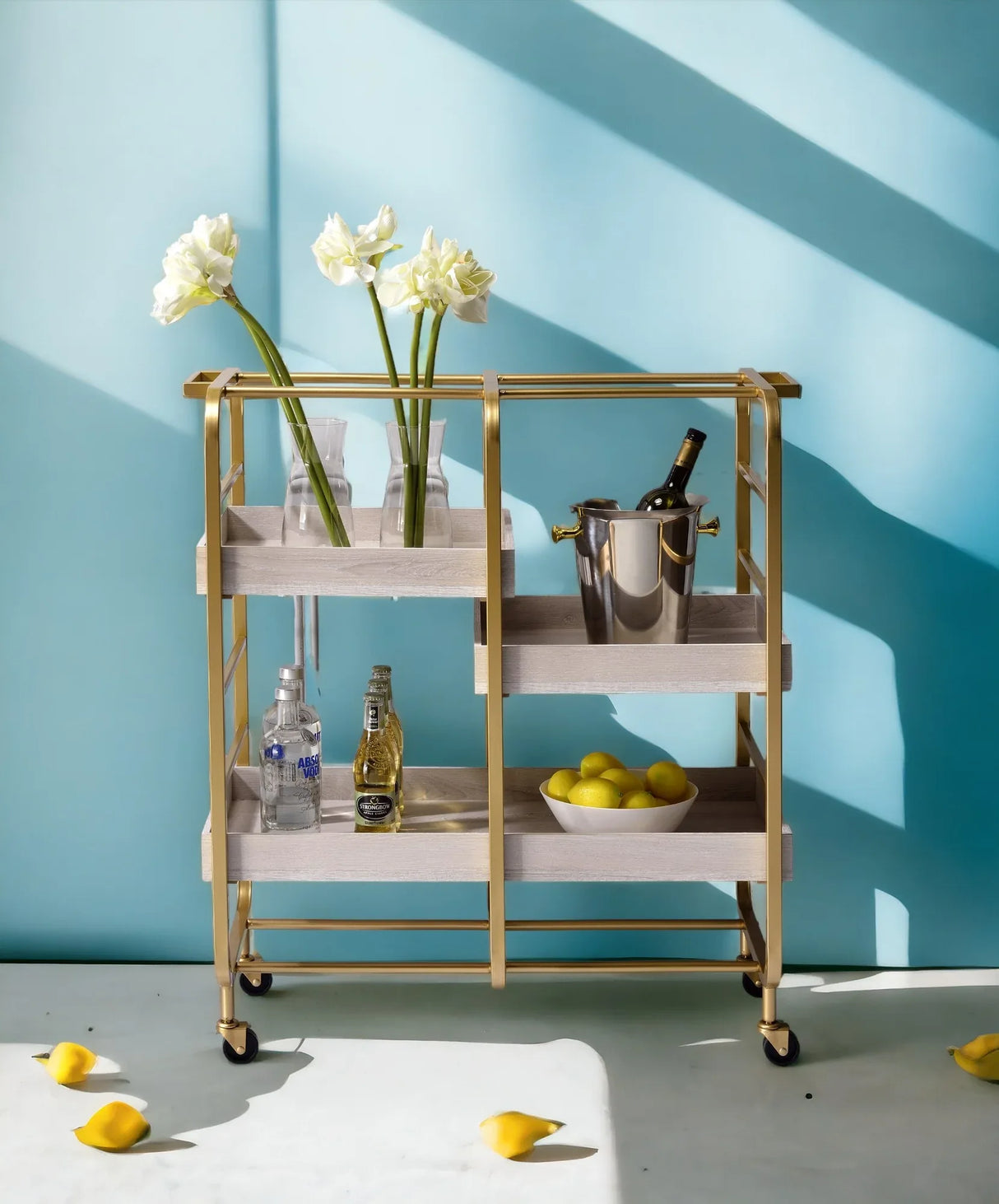 Gold White Washed Metal Wood Rectangular Serving Cart - Omega Lifestyles
