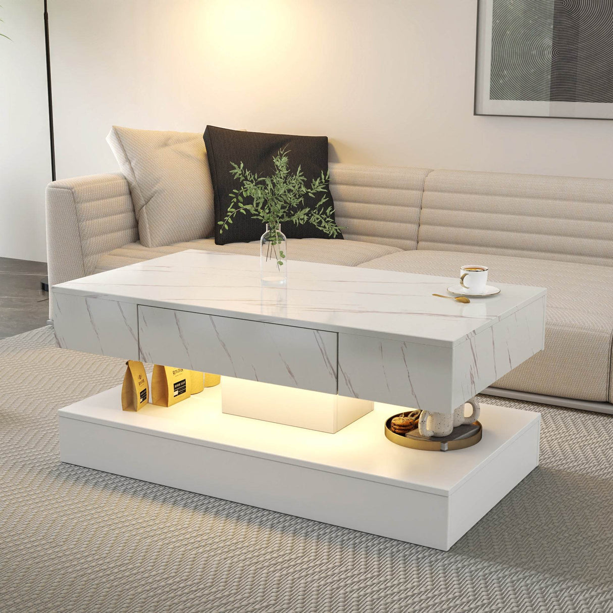 Modern LED Coffee Table With Storage Drawer and Lights - Sleep Galleria