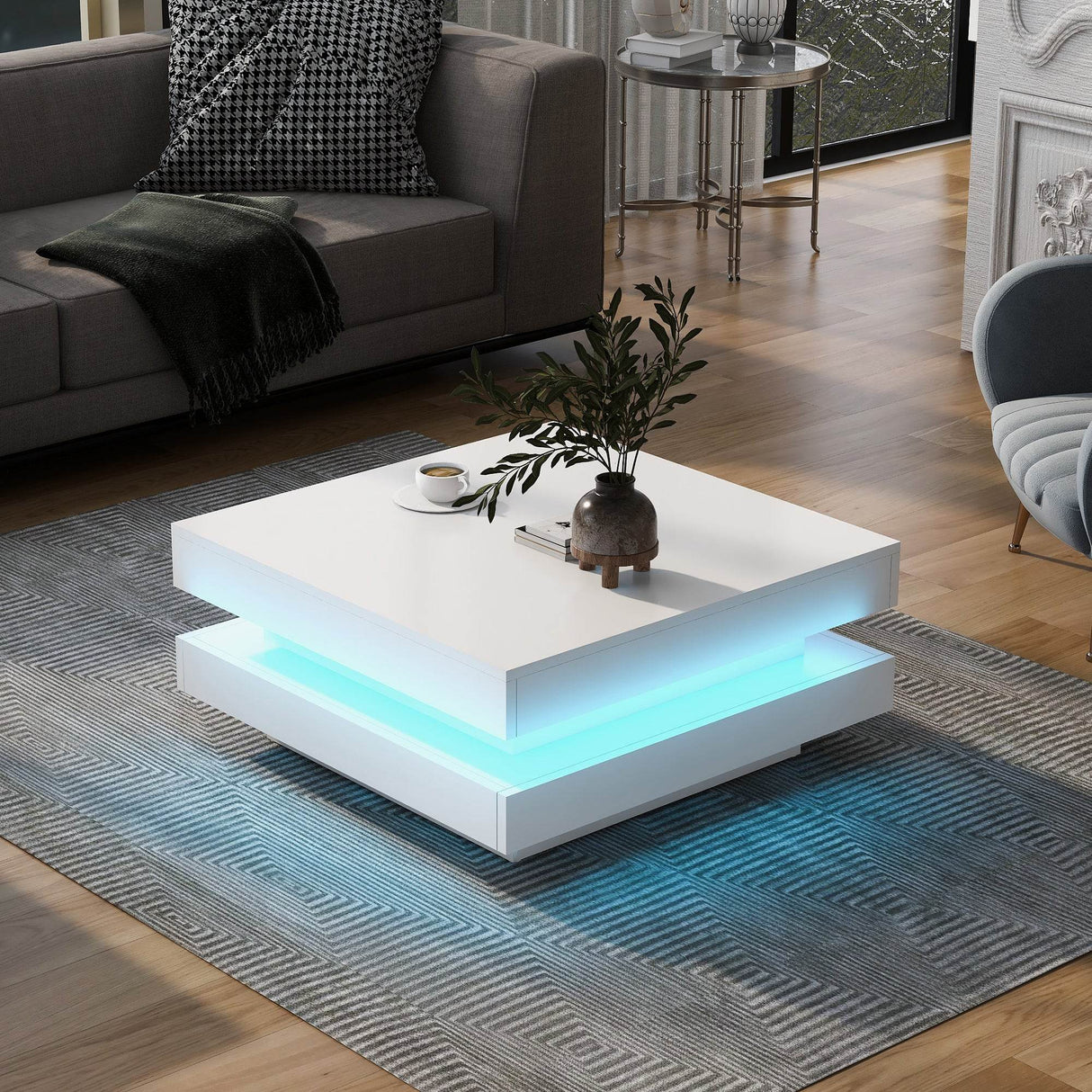 High Gloss White Particle Board Coffee Table With LED Lights - Sleep Galleria