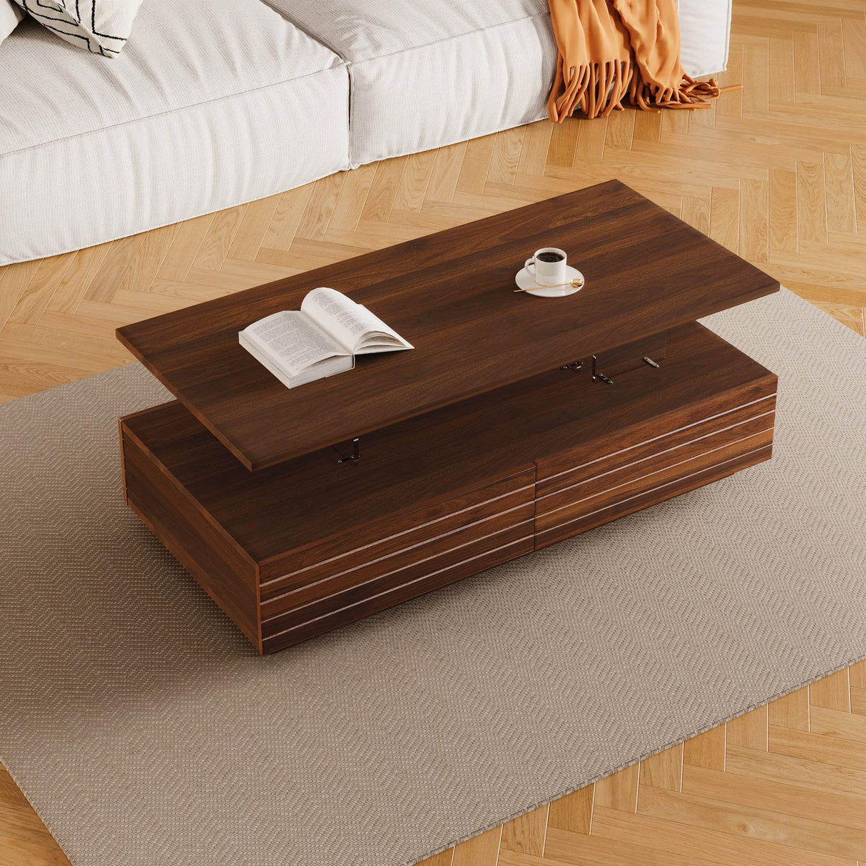 Modern Walnut Rectangle Coffee Table With LED Lights - Sleep Galleria