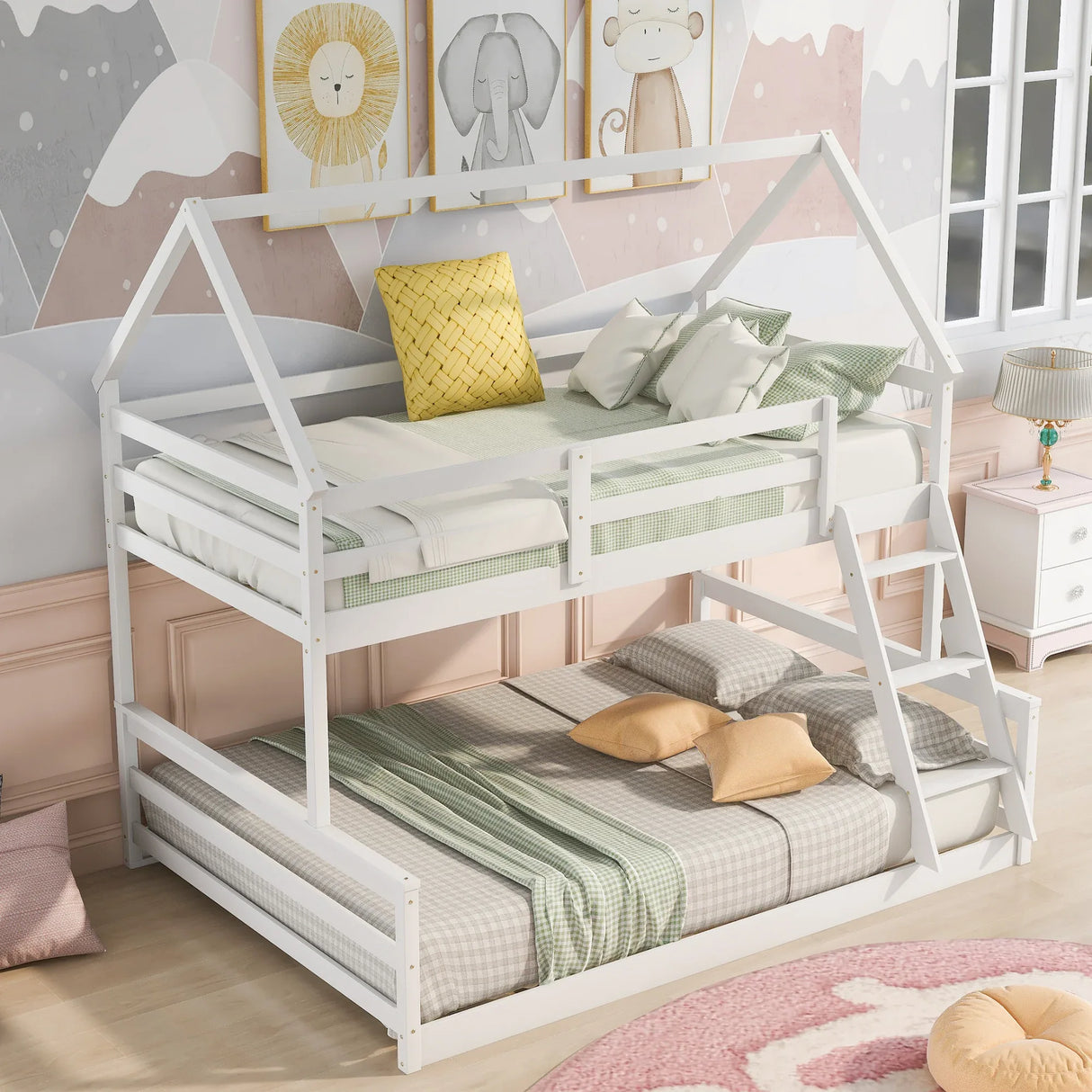 Twin Over Full Pine Wood House Bunk Bed With Ladder - Omega Lifestyles