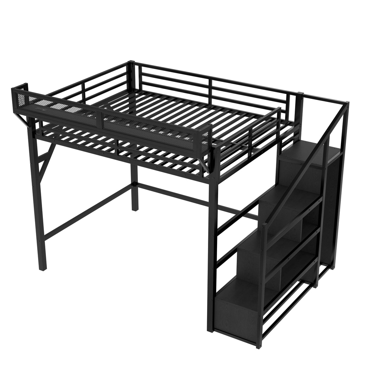 Queen Metal Loft Bed With Storage Stairs USB LED Lighting - Omega Lifestyles