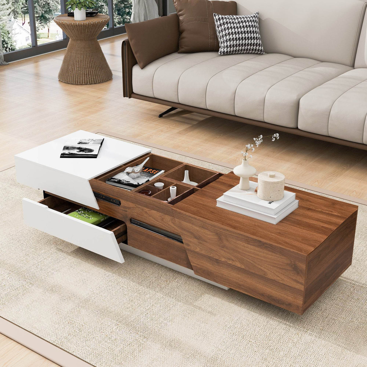 Modern Extendable Sliding Top White Walnut Coffee Table - Sleep Galleria