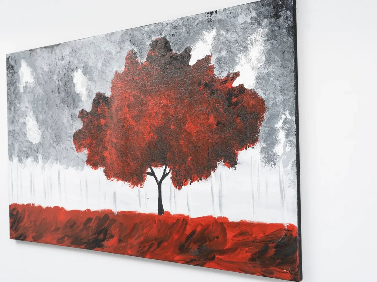 Hand-Painted Red Landscape Canvas Wall Art 47x27 Inches - Omega Lifestyles