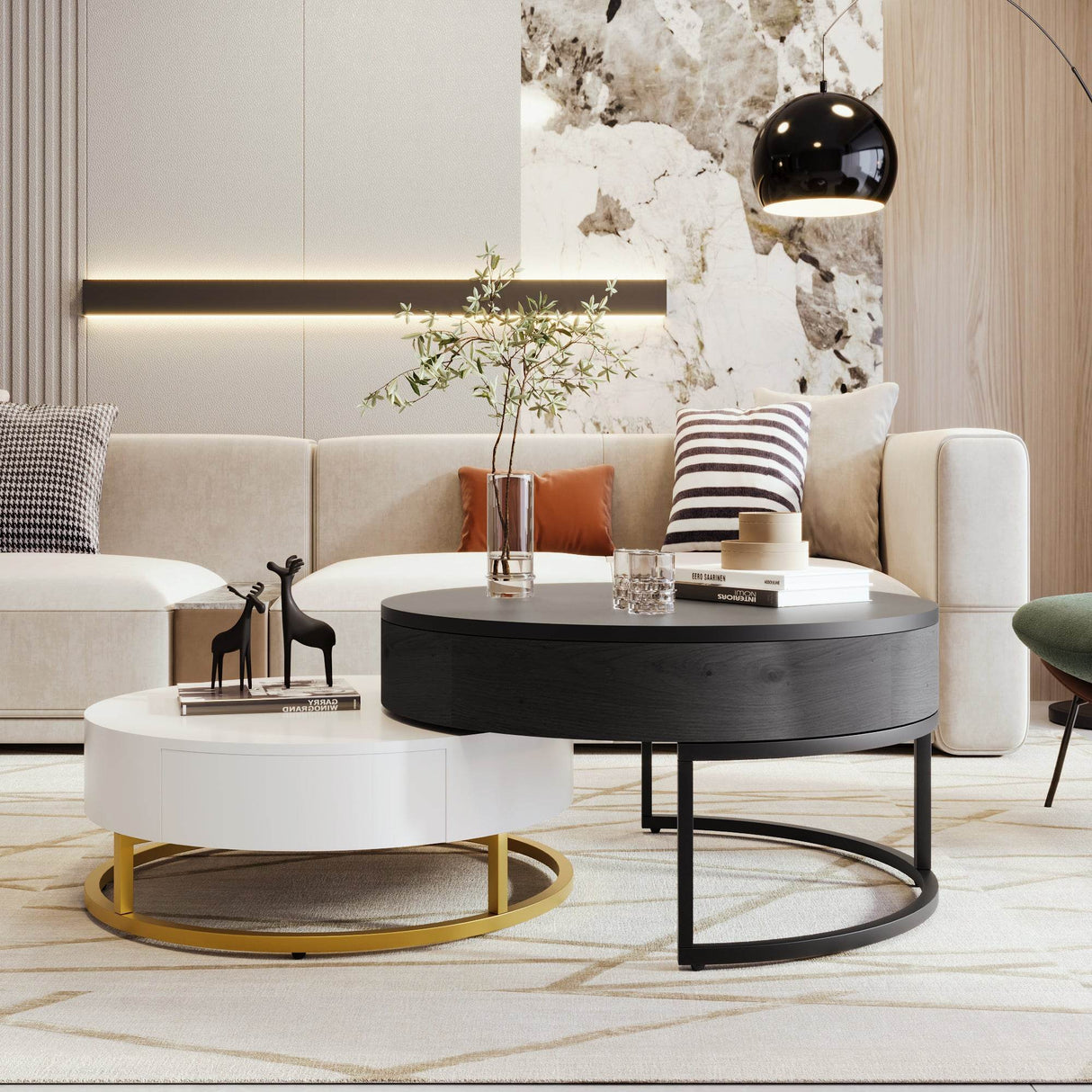 Modern Round Lift-Top Nesting Coffee Tables With Drawers - Sleep Galleria