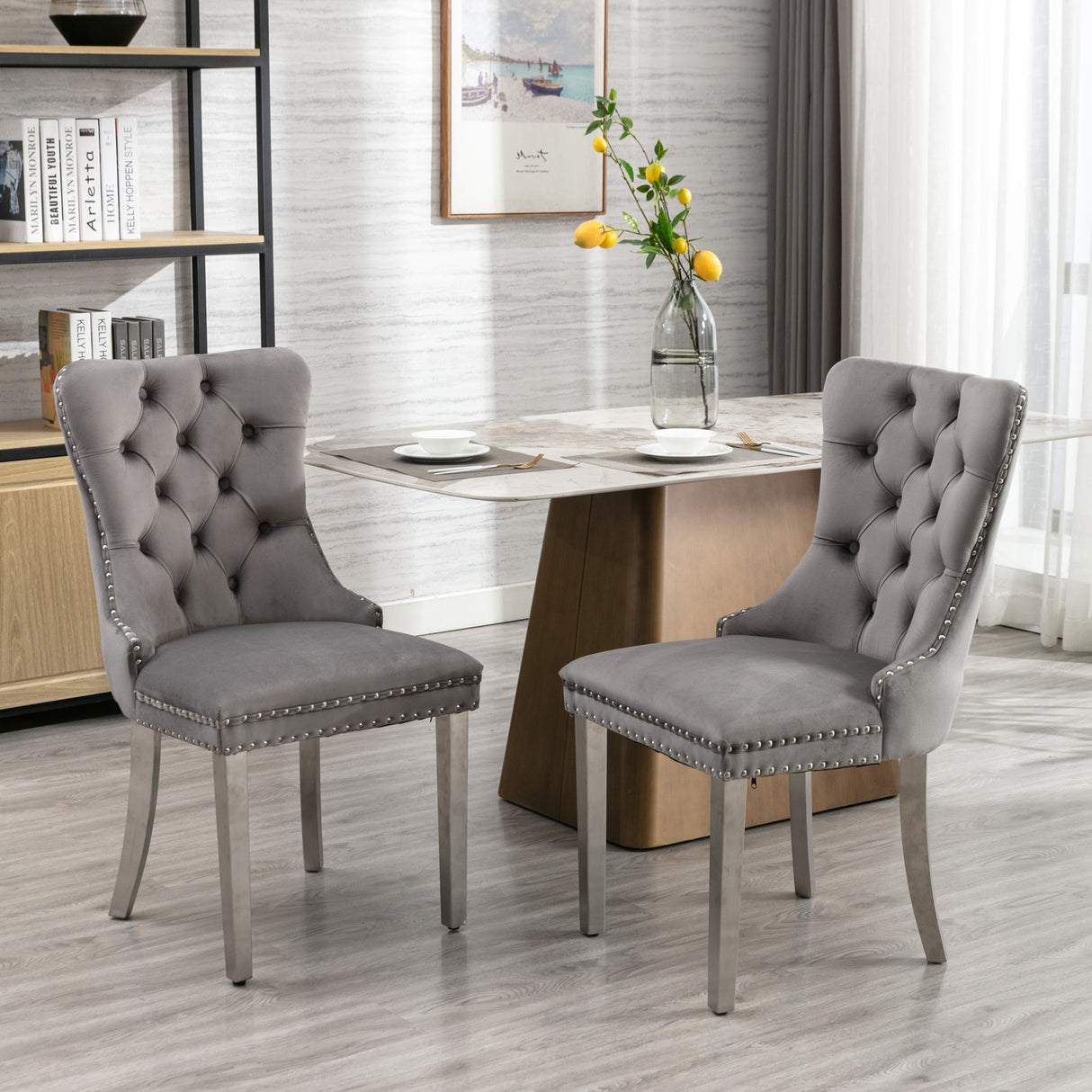 Set Of 2 Modern Velvet Upholstered Wing Back Dining Chairs