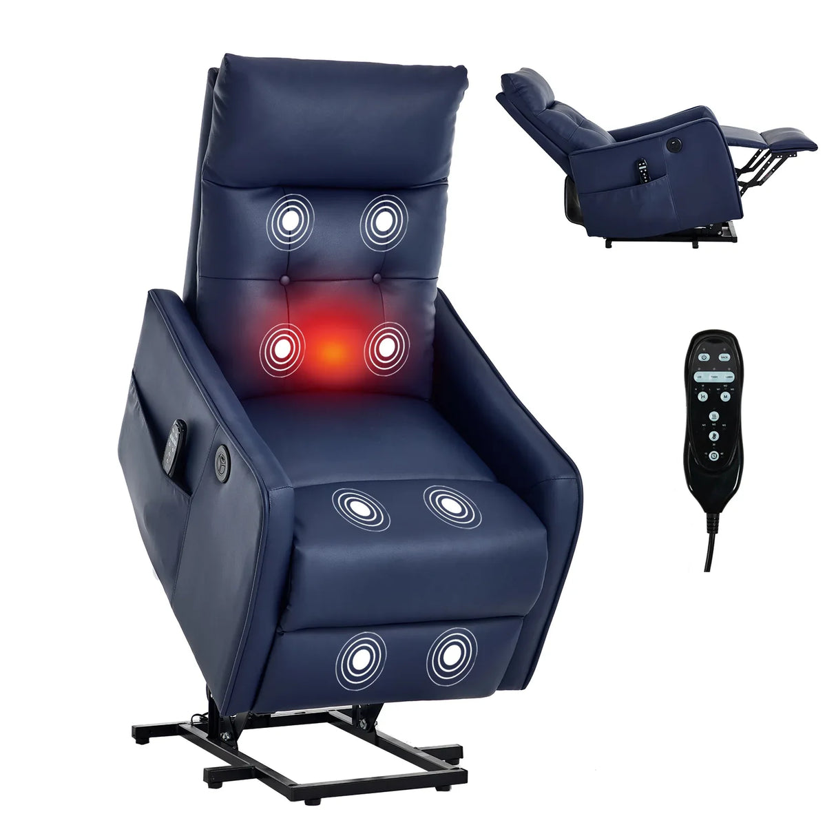 Medium-Firm Blue Faux Leather Power Lift Massage Recliner Chair - Omega Lifestyles