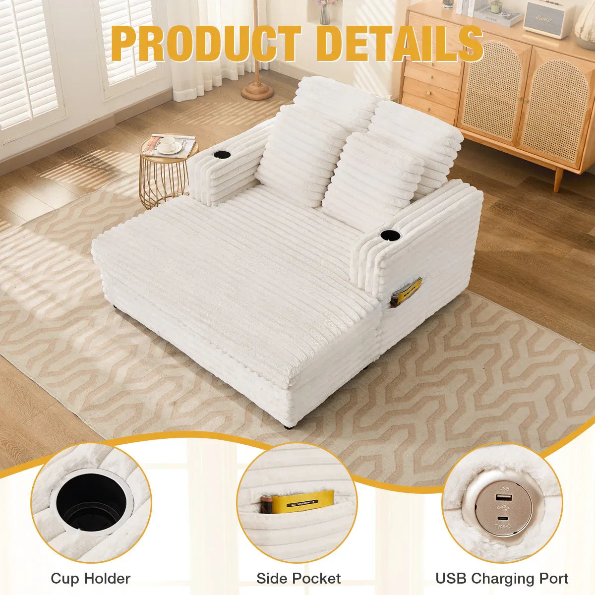 Oversized Soft Corduroy Lounge Chair With USB Ports - Omega Lifestyles