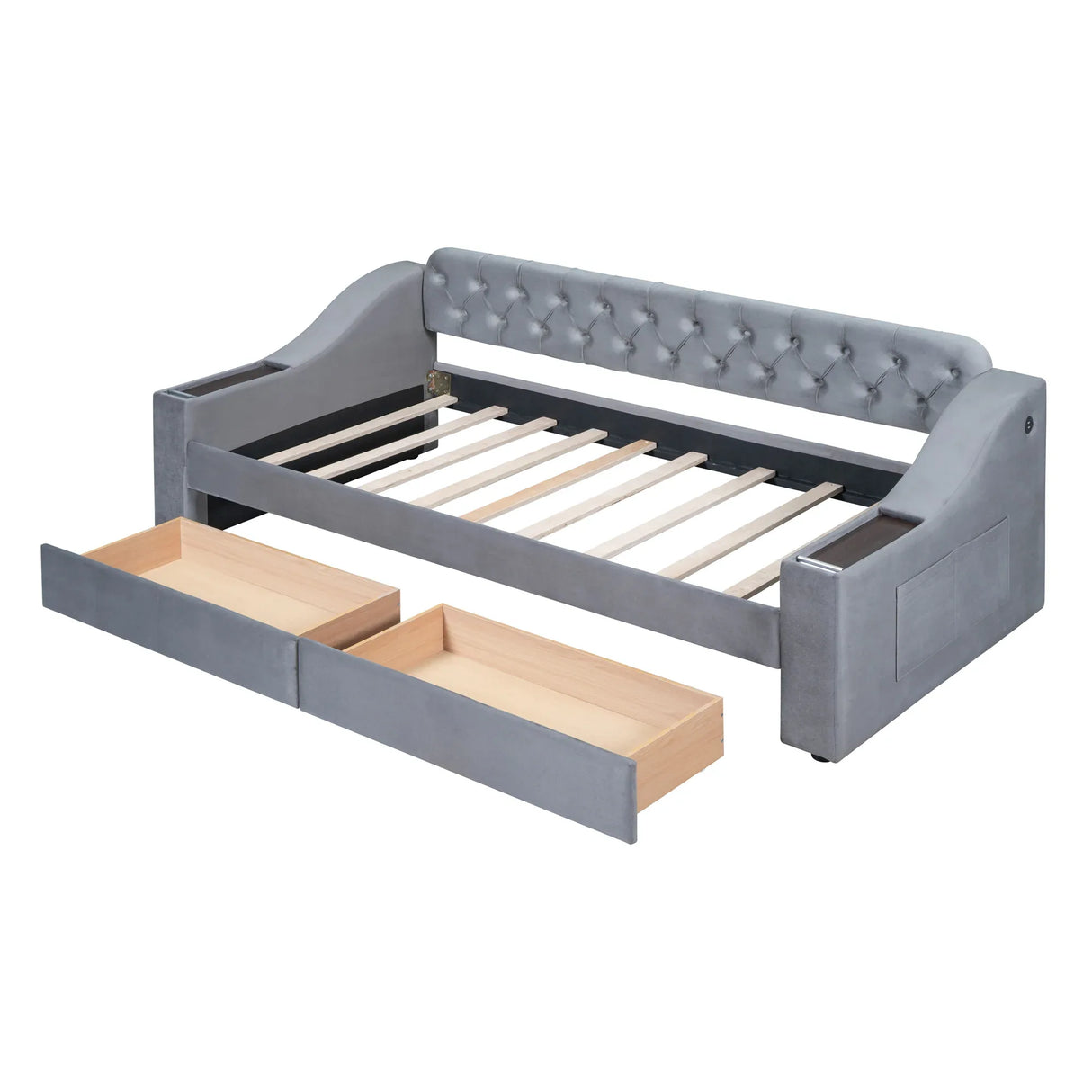 Twin Upholstered Velvet Daybed With Storage Drawers USB Ports - Omega Lifestyles