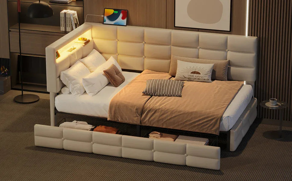 Upholstered Twin Daybed With Storage Drawers And Charging Station - Omega Lifestyles
