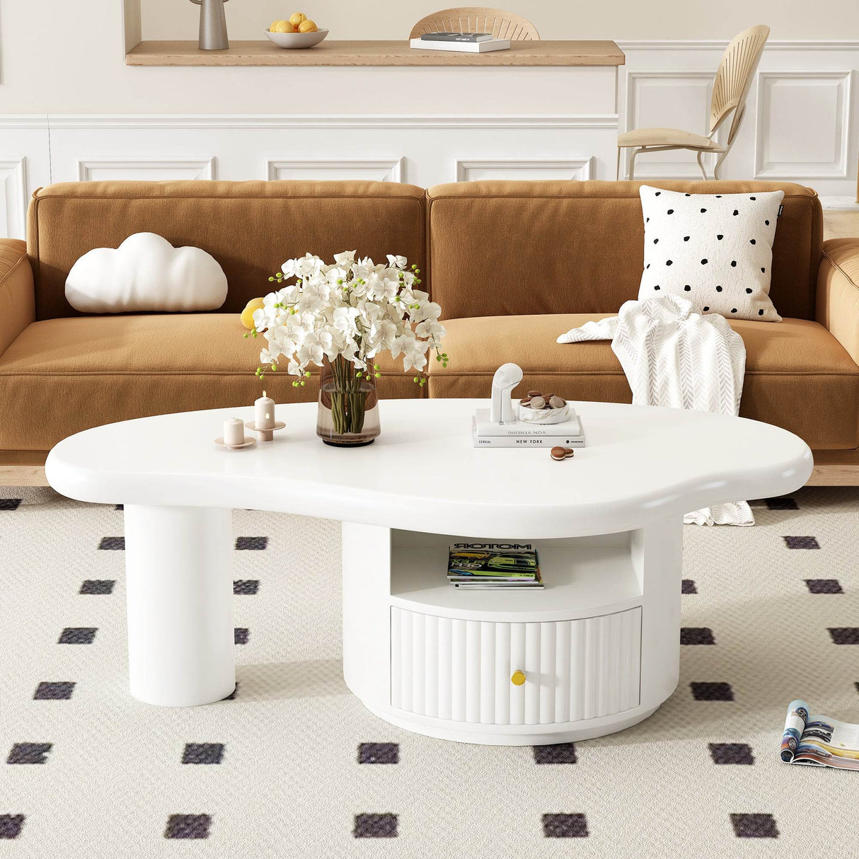 Cloud-Shaped White MDF Coffee Table With Drawer - Sleep Galleria