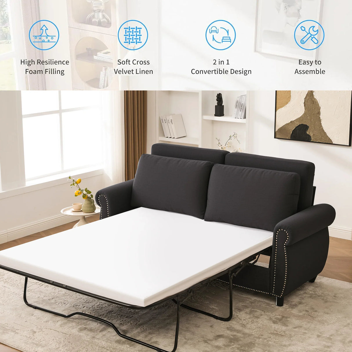 Modern Linen Convertible Sleeper Sofa Bed With Memory Mattress - Omega Lifestyles