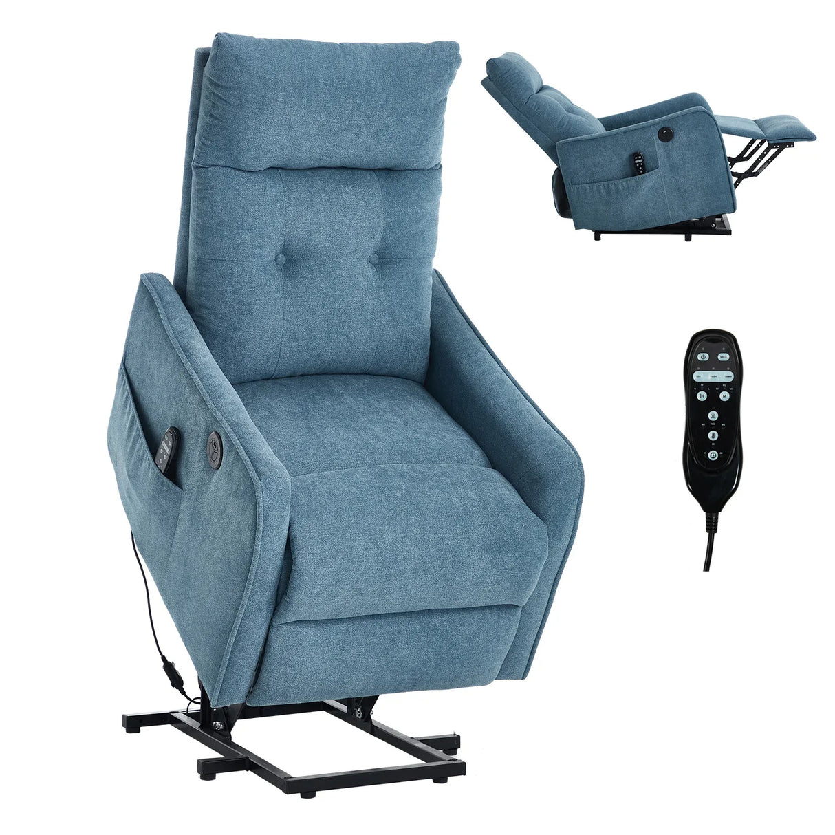 Blue Chenille Medium-Firm Power Lift Massage Recliner Chair - Omega Lifestyles