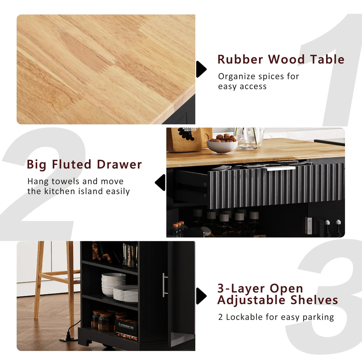 Fluted Rubber Wood Kitchen Island With Trash Can Cabinet - Omega Lifestyles