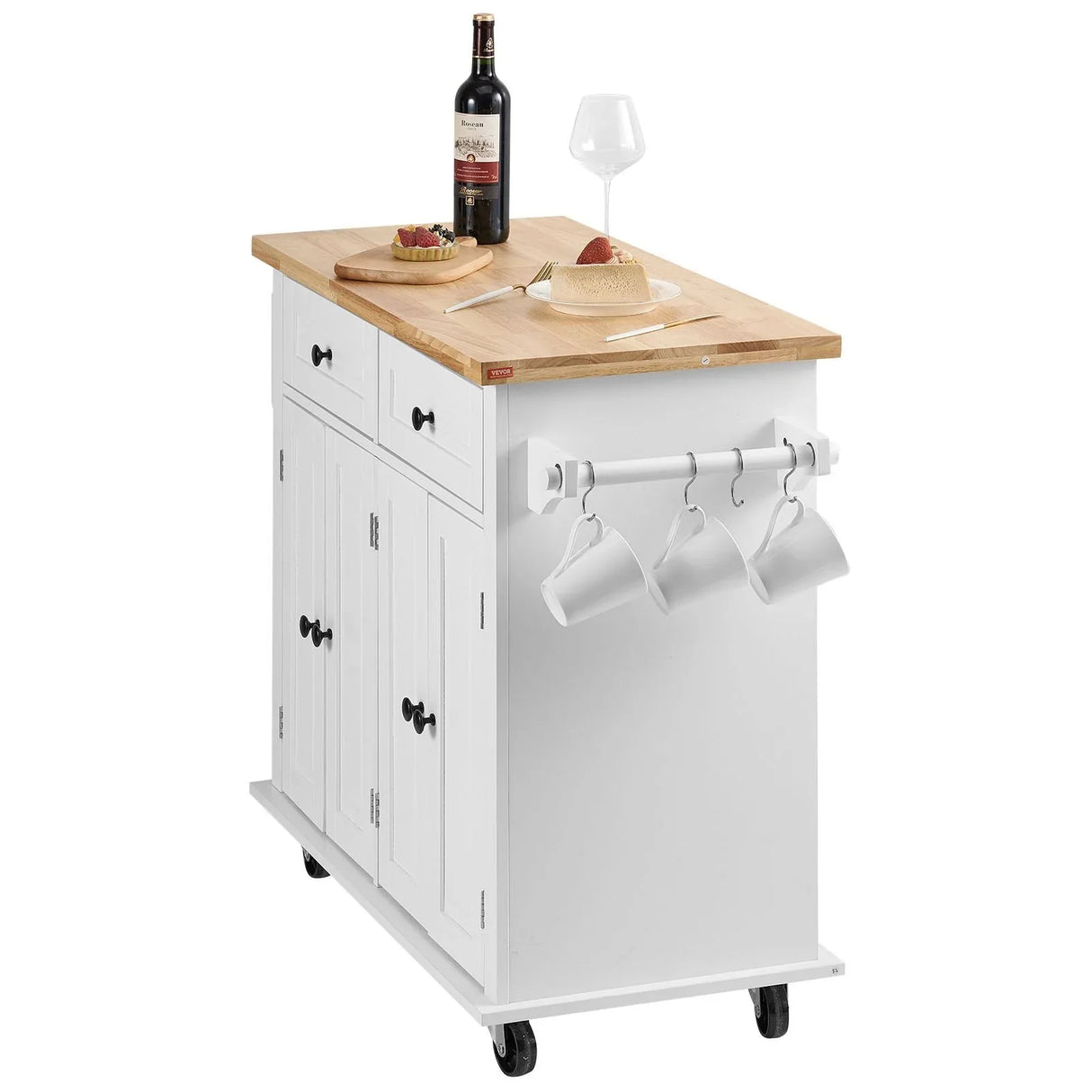 White Solid Wood Kitchen Island Cart With Storage - Omega Lifestyles
