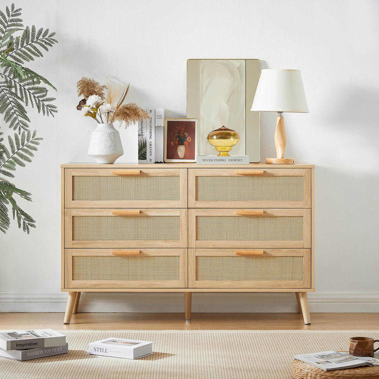 Natural Particleboard Cabinet With Rattan Drawers