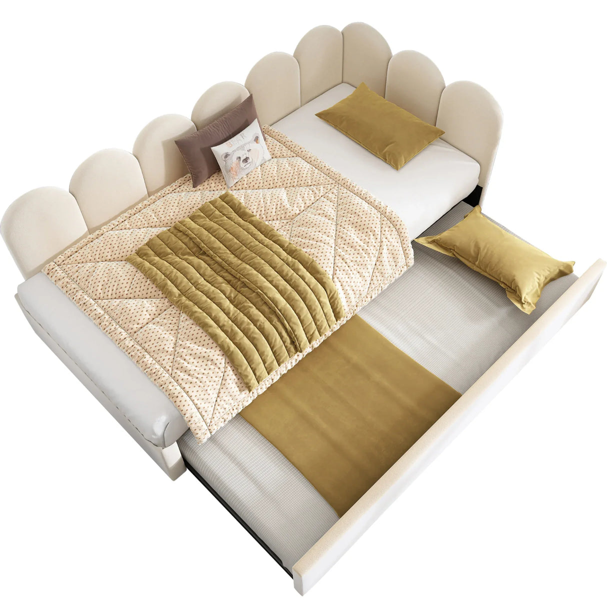 Beige Velvet L-Shaped Twin Daybed With Pull-Out Trundle - Omega Lifestyles