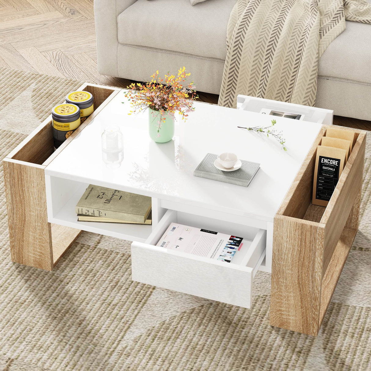 High Glossy White Coffee Table With Drawers - Sleep Galleria