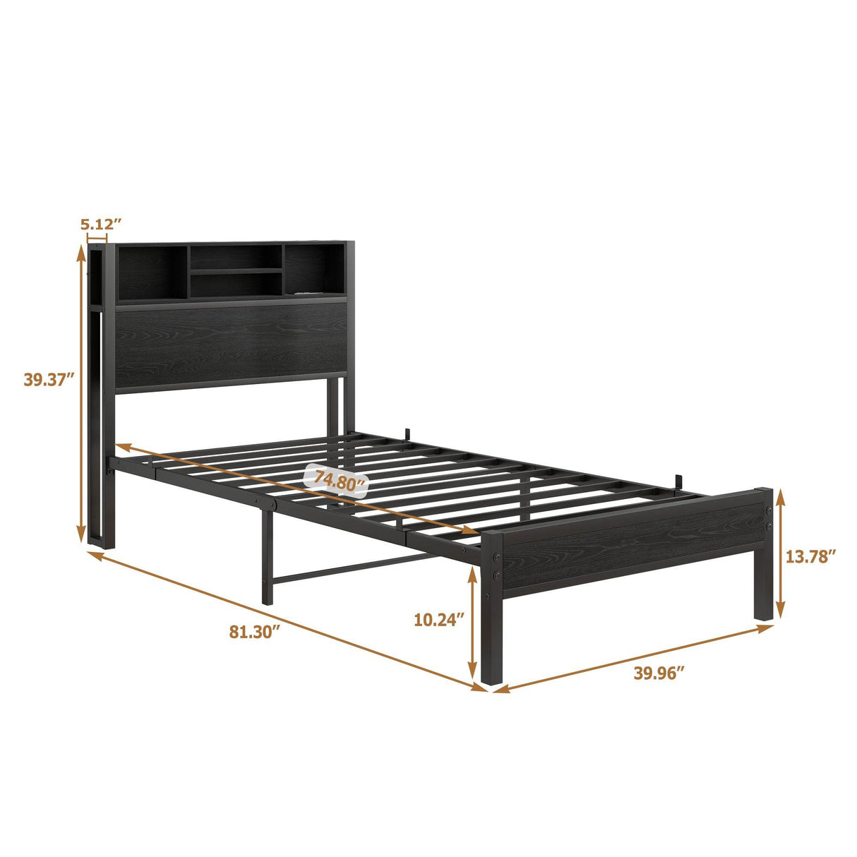 Twin Metal Platform Bed Frame With Storage Headboard Charging Station - Omega Lifestyles
