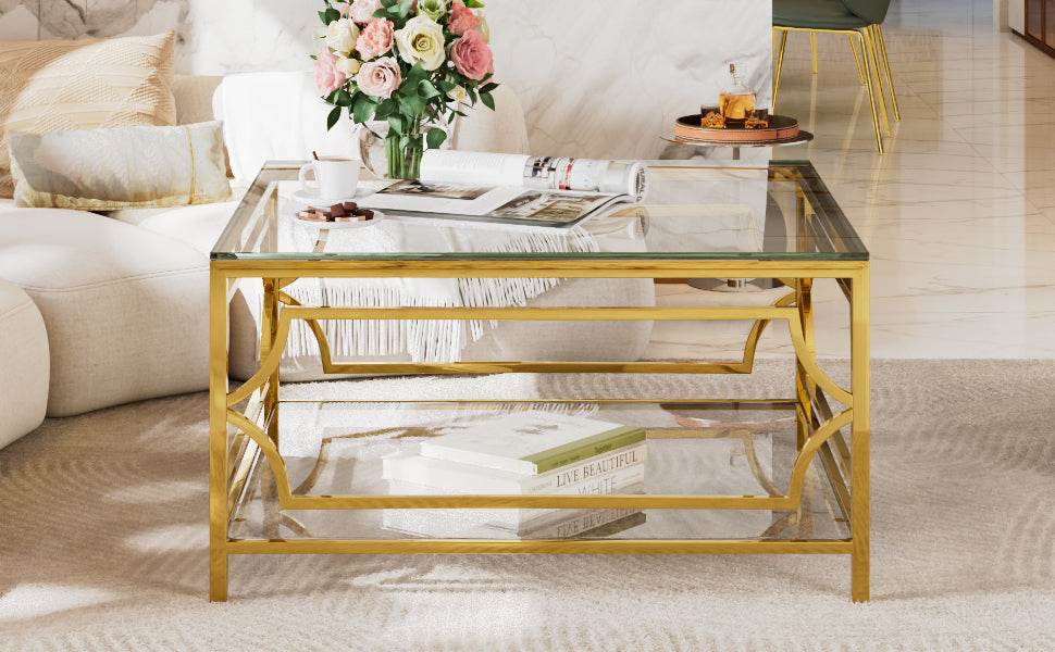 Square Tempered Glass Coffee Table With Gold Frame - Sleep Galleria
