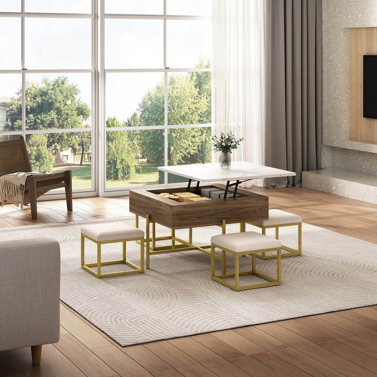 Modern Square Lift-Top Coffee Table Set With Ottomans - Sleep Galleria