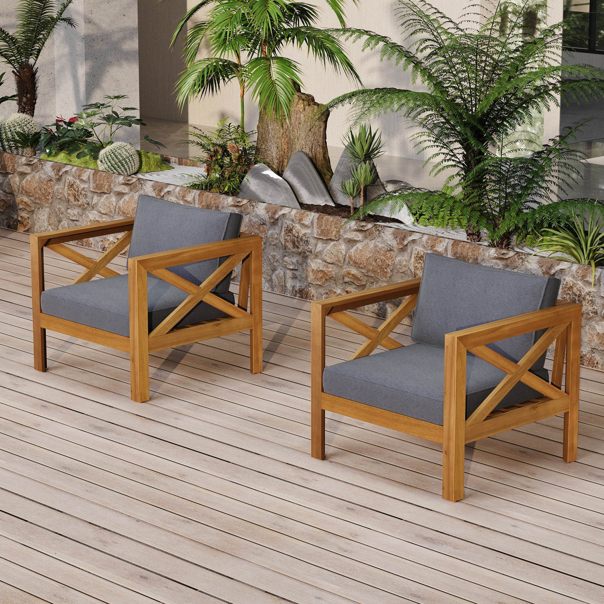 Set of 2 Outdoor Acacia Wood Teak Finish Club Chairs