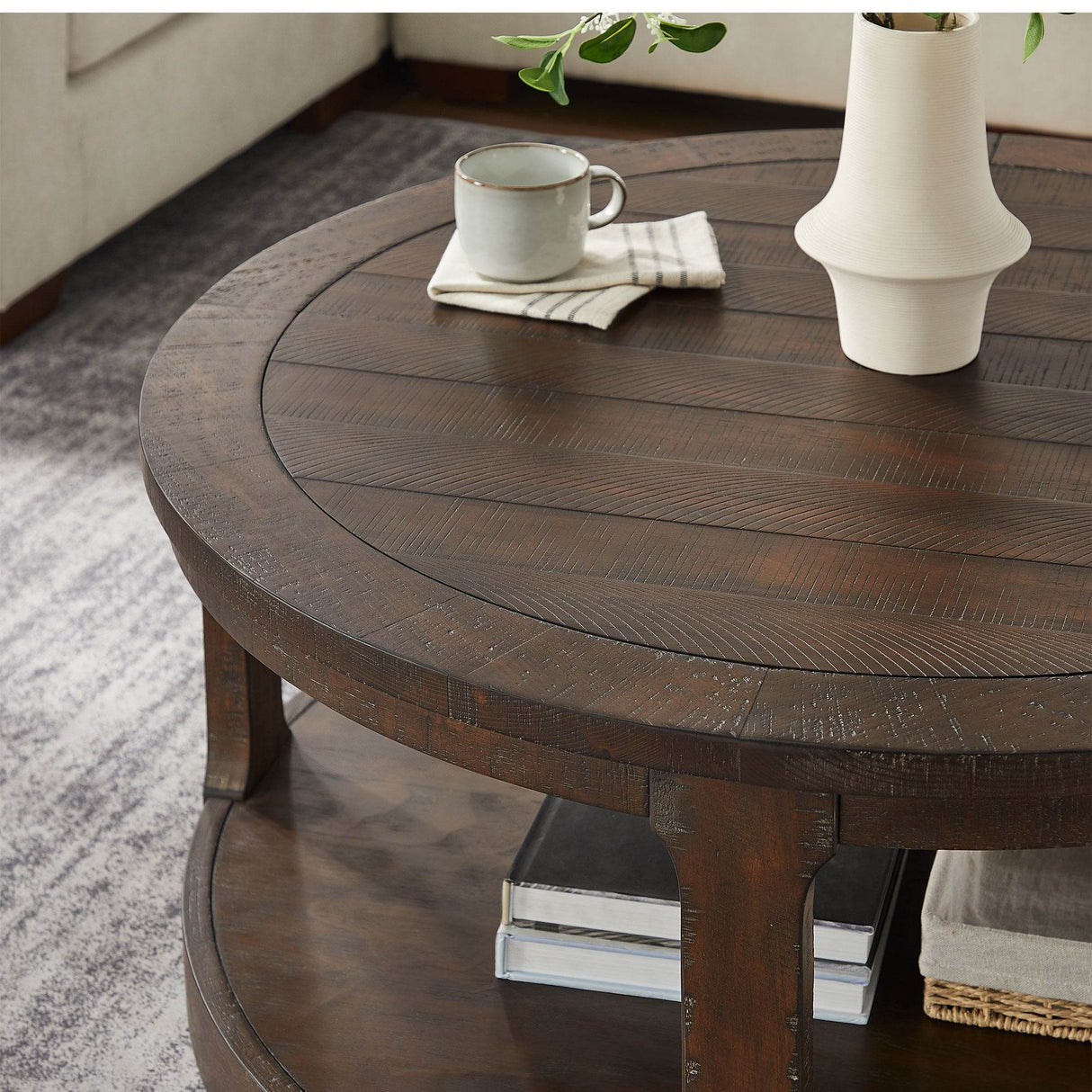 40-Inch Rustic Round Solid Wood Coffee Table With Wheels - Sleep Galleria