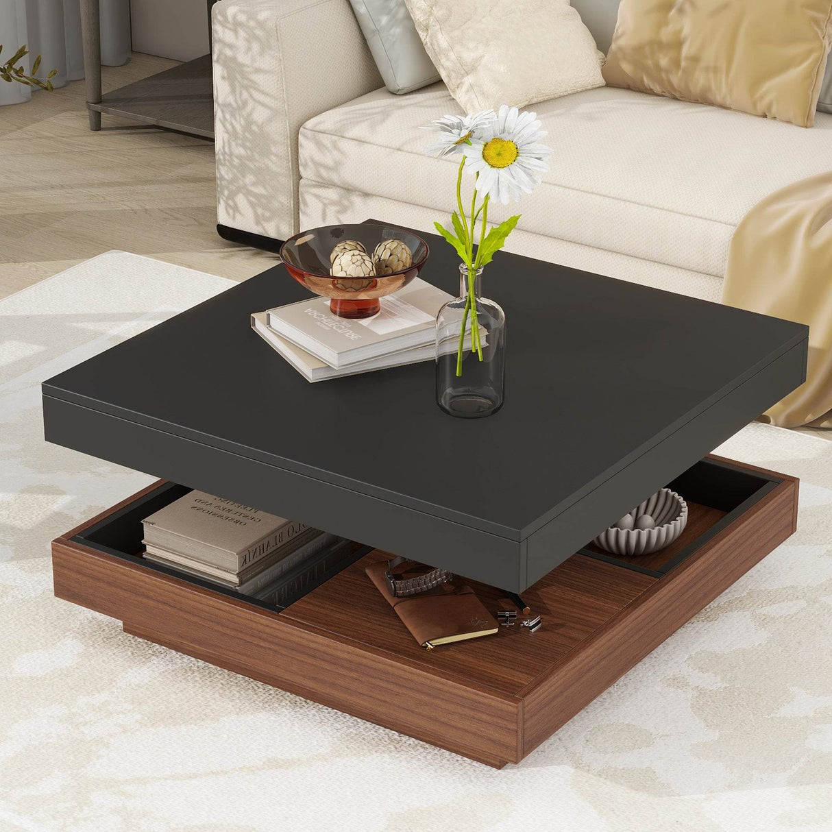 Modern Square 360° Rotating Black Walnut Coffee Table - Sleep Galleria