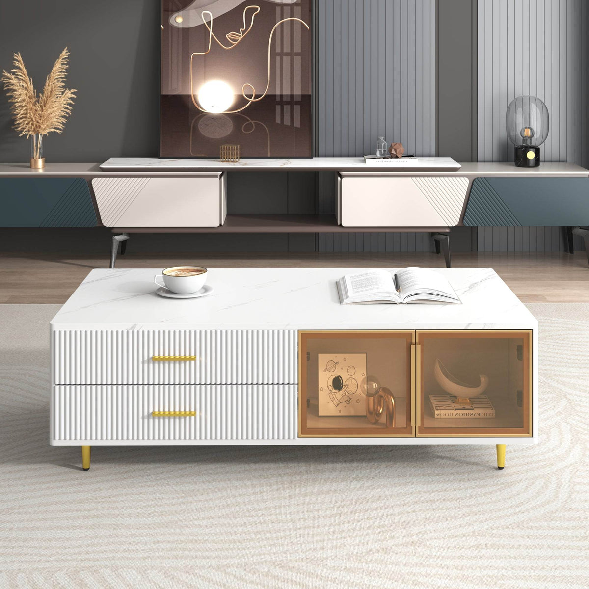 Modern White MDF Coffee Table With Storage Drawers And Lighting - Sleep Galleria