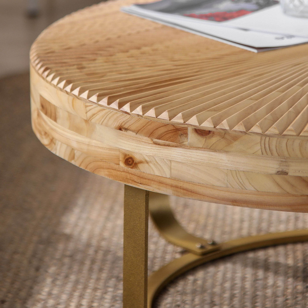 Modern Round Carved Pine Wood Coffee Table - Sleep Galleria